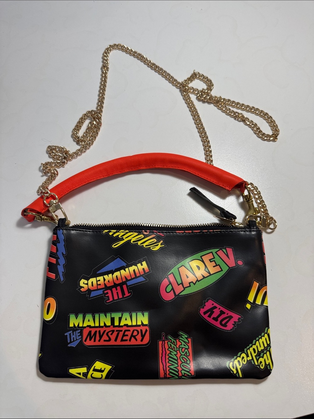 Clare V x The Hundreds Black Graphic Print Crossbody Bag with Orange Handle